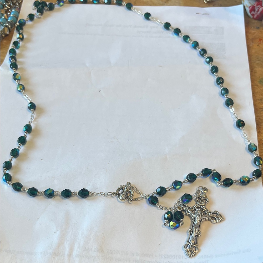 Elegant Silver and Blue Beaded Cross rosary